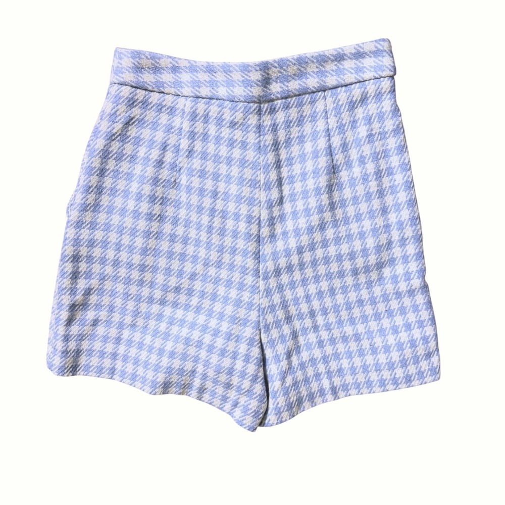 Zara Blue White Houndstooth High Waisted Shorts Gold Button XS - Picture 3 of 5